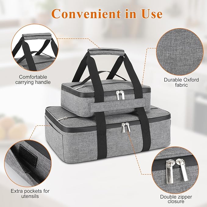 Insulated Casserole Carrier for Hot or Cold Food, Fits 8"-15" Baking Dish，Thermal Food Carrier Bag, Lasagna Lugger Tote for Potluck Parties/Picnic/Cookouts/Lunch, Grey，2 Pack