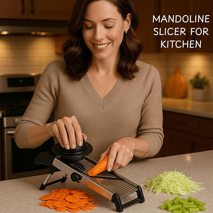 Mandoline Slicer for Kitchen, Adjustable Stainless Steel Vegetable Slicer & Chopper, Safe Mandolin Food Slicer for Potato, Onion, Tomato, Cucumber & Fruit, Julienne Blades with Cut-Resistant Gloves