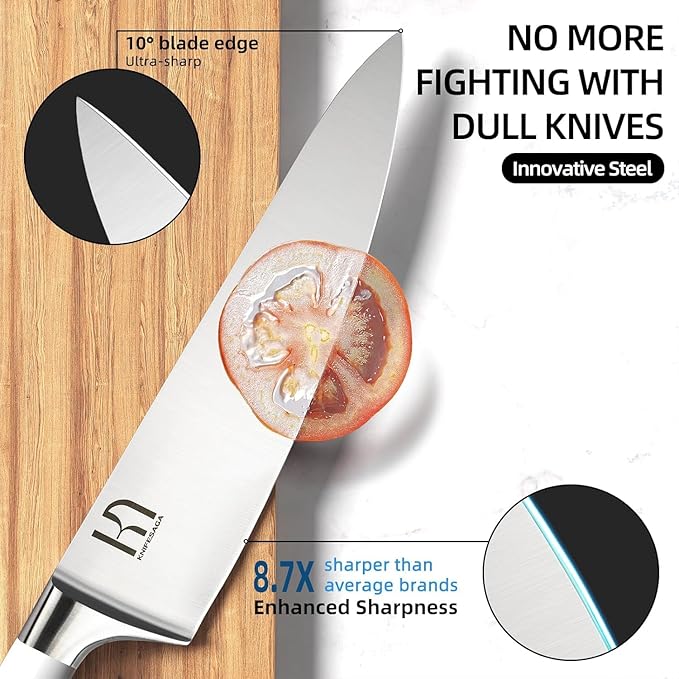 Kitchen Knife Set Premium, Japanese High Carbon Stainless Steel 15 Pcs Enduring Ultra Sharp Knife Block Set with Sharpener and Wood Block, Professional White Chef Knives set for Kitchen