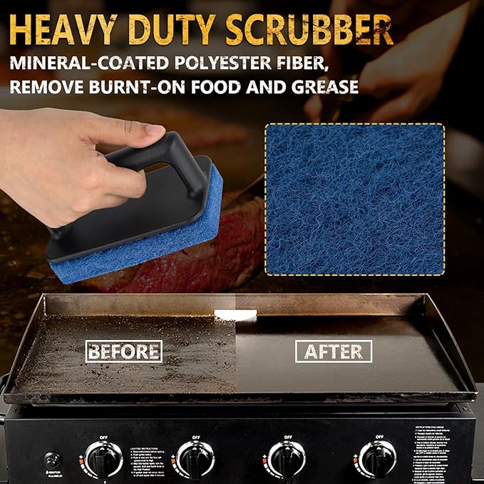 Griddle Cleaning Kit for Blackstone, Flat Top Grill Cleaning Kit Include Griddle Brush &Handle, Grill Stone Cleaning Brick, Scouring Pads & Griddle Scraper- Easy to Remove Stain