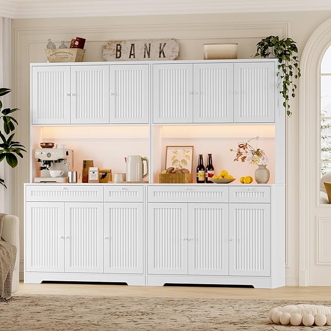 Pantry Cabinet with Charging Station and Light, Tall Kitchen Pantry Storage Cabinet with Microwave Stand, Wide Fluted Kitchen Hutch with Storage Drawers and Adjustable Shelves for Dining Room