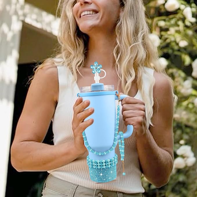 9PCS Blue of Stanley Cup Accessories Set 30/40 OZ Bling Pearl Rhinestones Charms for Stanley Decorations Tumbler Accessories Including Flower Straw Topper, Rhinestones Boot 30/40 OZ