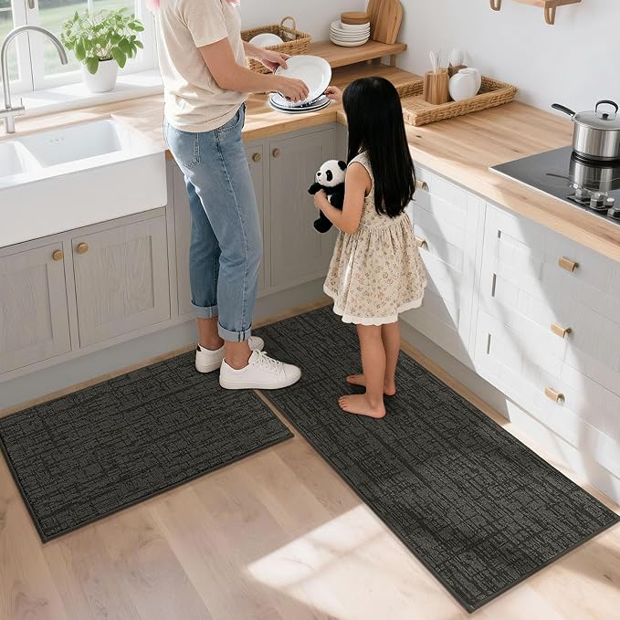 COSY HOMEER Kitchen Rugs 20"x32"+20"x48",Absorbent Soft Kitchen Mats for Floor,Non Slip Kitchen Runner Rug,Washable Kitchen Floor Mats for Sink Mat,Hallway,Laundry,Dark Grey