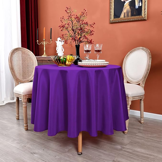 MEANMOY Purple 210 GSM Water & Stain Resistant Round Tablecloth for Circle Table - Solid 60 Inch Table Cloth Cover in Wrinkle Free Durable Washable Polyester Fabric for Wedding, Party, Banquet