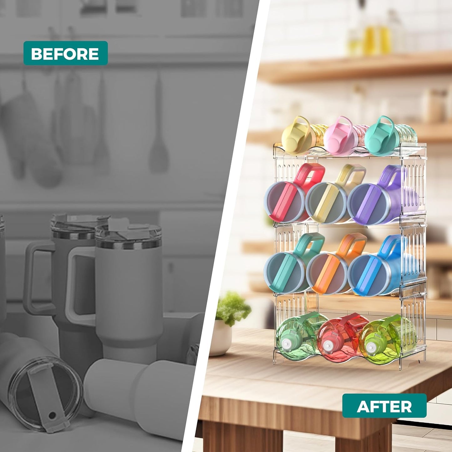 Water Bottle Organizer 4-Tier Set - Heavy Duty Stackable Holder for 40oz Stanley Tumblers & Wine Bottles, Drainable Kitchen Rack, Easy to Clean (Gift Idea)