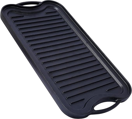 LuckyNote Pre-Seasoned Cast Iron Reversible Rectangular Grill/Griddle, Black,20inch x 10inch reversible design, offering a grilling surface on one side and a griddle on the other