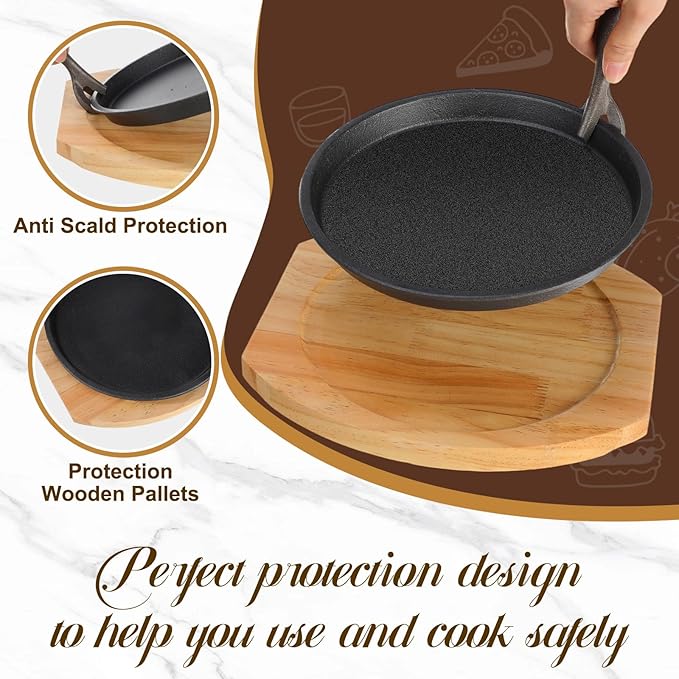 Mimorou 2 Set 8.7 Inch Cast Iron Fajita Plate Set with Wooden Base Anti Scald Protection Removable Handle Fajita Plate Sizzling Pan Cast Iron Skillets Sets for Home Restaurant Kitchen BBQ Cooking