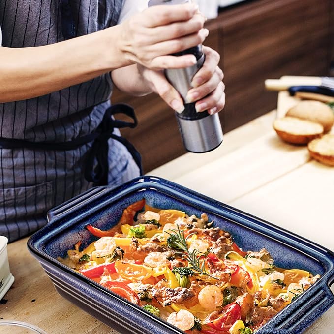 UNICASA Casserole Baking Dish with Lid - Ceramic Blue Lasagna Pan 3.2 Quart, Large Covered Bakeware Set 9x13 for Cooking, Stoneware Bakers Microwave Oven Safe - Reactive Glaze Blue