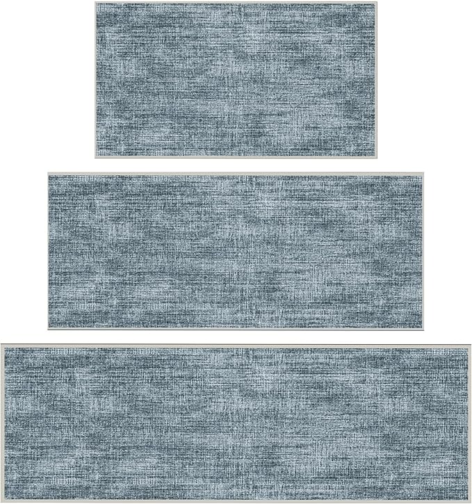 Ottomanson 3-Piece Kitchen Rug Set - Non Slip Runner & Washable Mat - 1'11" x 3' + 1'11" x 4' + 1'11"' x 5' - Durable, Stain Resistant for Entryway, Bedroom and Bathroom, Solid Greyish Blue