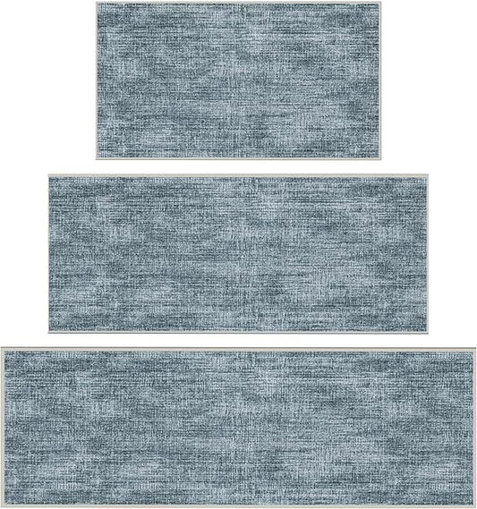 Ottomanson 3-Piece Kitchen Rug Set - Non Slip Runner & Washable Mat - 1'11" x 3' + 1'11" x 4' + 1'11"' x 5' - Durable, Stain Resistant for Entryway, Bedroom and Bathroom, Solid Greyish Blue