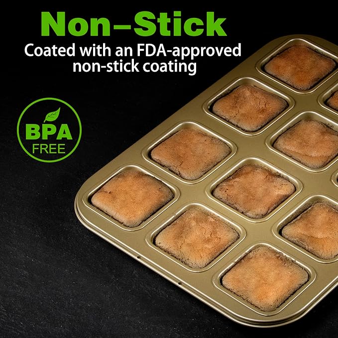 Tiawudi 2 Pack Brownie Pan, Non-stick Bakeware for Bread and Loaf, Heavy Duty Carbon Steel Mini Muffin Pan, 12-Cavity