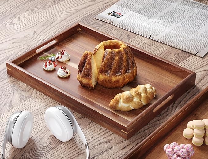Set of 2 Acacia Wood Serving Tray with Handles,Decorative Trays Platter,Breakfast Tray in Bed,Food Drinks Tray for Eating,Working,Storing(Brown)