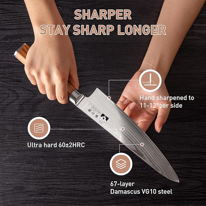Damascus Chef Knife, 8 inch VG10 Steel Damascus Knife with Olive Wood Handle Razor Sharp Kitchen Knife
