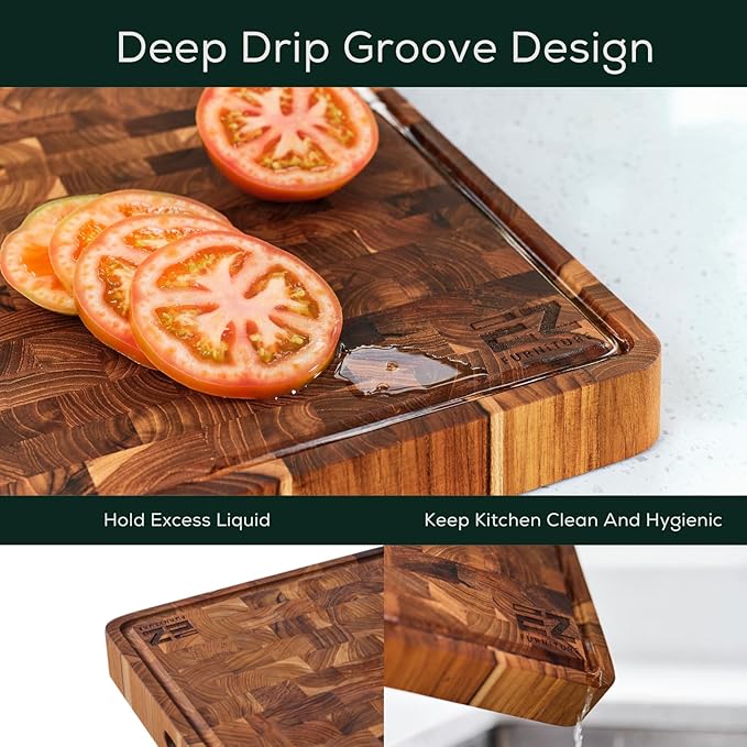 EZ FURNITURE Medium (M) Teak Wood Premium Cutting & Serving Board, Knife Friendly, Pre-Oiled End Grain with Juice Groove & Handles, Non-Toxic (17" x 13" x 1.5", 8.38 lbs)