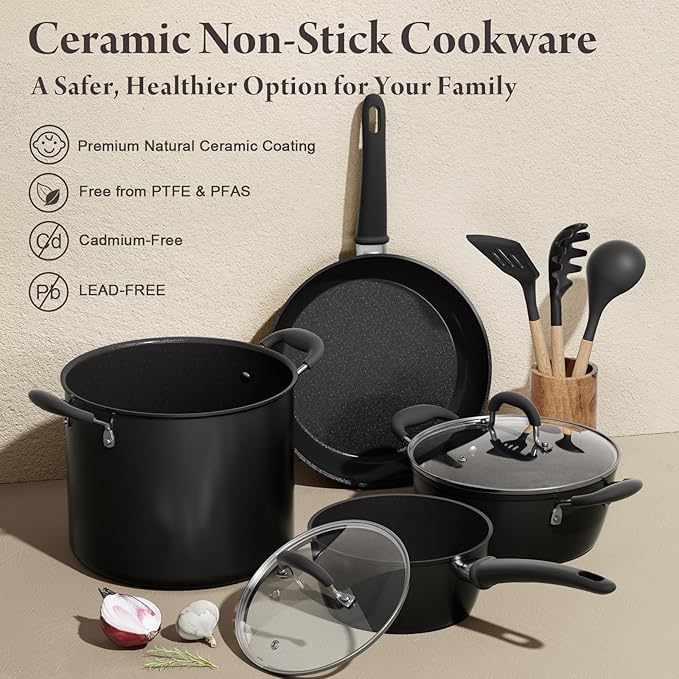 Bazova 18 Pcs Pots and Pans Set Non Stick with 12-Quart Stock Pot, Nonstick Kitchen Cookware Sets with Utensils, Large Capacity Ceramic Cookware Set, PTFE/PFAS/PFOA Free, Black