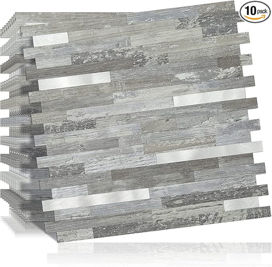 DICOFUN 10-Sheet Peel and Stick Backsplash Wall Tile, PVC Kitchen Backsplash Peel and Stick in Distressed Wood, 9.4 sq.ft