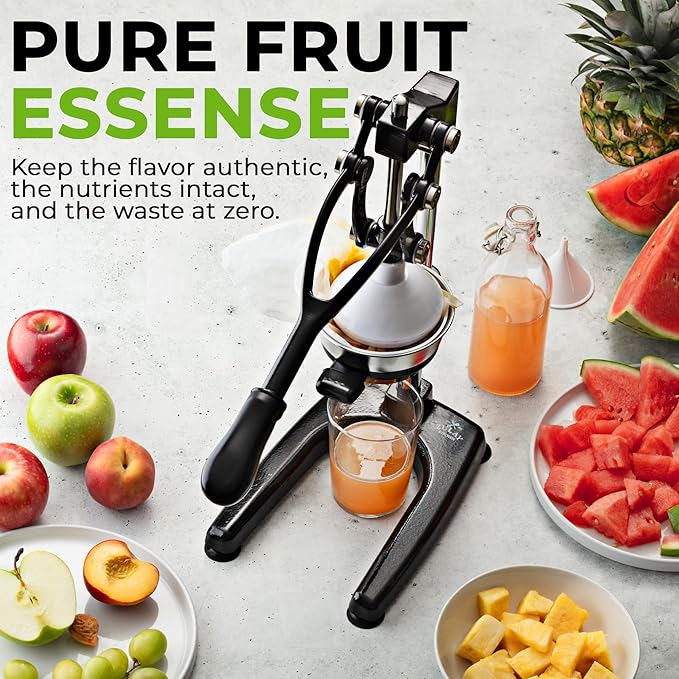 Zulay Kitchen 9 in 1 Cast Iron Juicer - Easy-to-Clean Heavy-Duty Manual Juicer with Presser Attachment to Juice All Types of Fruits! Extra Tall with Stainless Steel Bowl - Black
