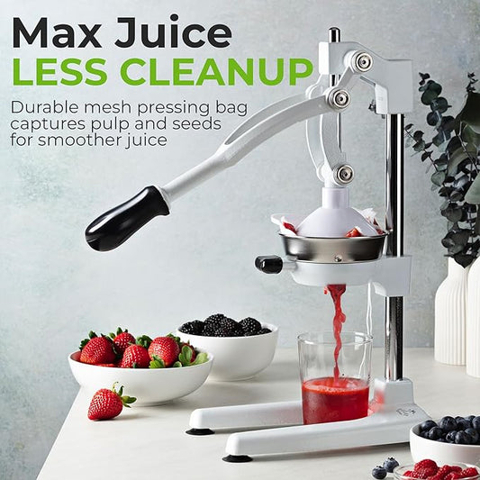 Zulay Kitchen 9 in 1 Cast Iron Juicer - Easy-to-Clean Heavy-Duty Manual Juicer with Presser Attachment to Juice All Types of Fruits! Extra Tall with Stainless Steel Bowl - White