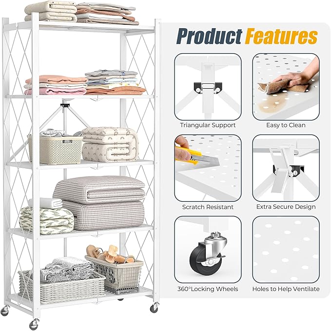 5-Tier Folding Metal Storage Rack - 63" Heavy-Duty Steel Frame with Wheels, No Assembly Utility Organizer, Rolling Shelving Unit for Kitchen, Garage, Pantry, Bedroom (White, 5 Tier)