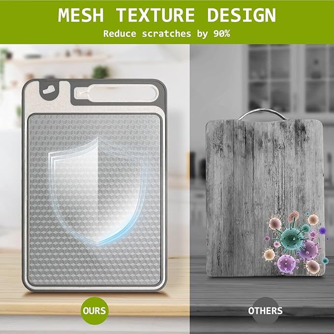 NTIERA 3-in-1 Stainless Steel Cutting Board for Kitchen, Double Sided,Non Toxic Cutting Board,Scratch-Resistant Mesh Design with Juice Groove,Easy Clean,Wheat Straw PP Large Chopping Board (15''*10'')