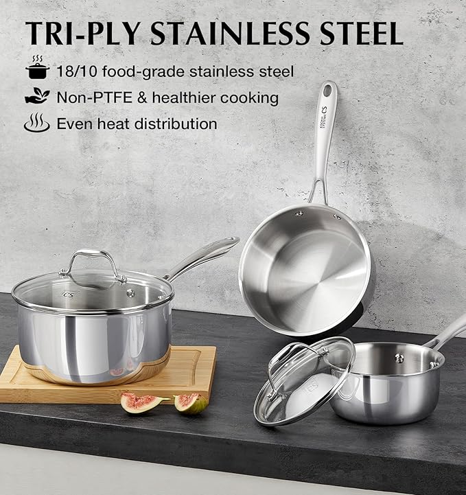 KOCH SYSTEME CS Triply Stainless Steel Saucepan, 3 Quart Stainless Steel Pot with lid, Large Cooking Pot, 3QT Sauce Pan with Stay Cool Handle, Induction Compatible Pot, Oven Safe 600°F