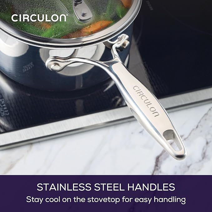 Circulon C1 Series Clad Stainless Steel with ScratchDefense Technology Cookware Nonstick Induction Saucepan with Lid, Metal Utensil Safe, 1.5 Quart - Polished Stainless Steel
