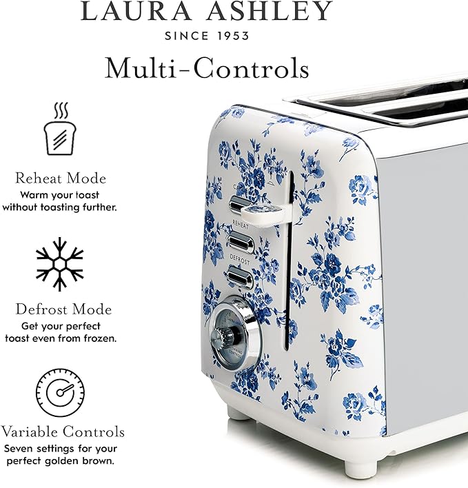 VQ Laura Ashley China Rose Stainless Steel 2 Slice Toaster | Multi-Functional Bagels & Bread Toaster 2 Slice with Adjustable Heating & Defrost Mode | Featuring 2 Wide Slots & Croissant Warming Rack