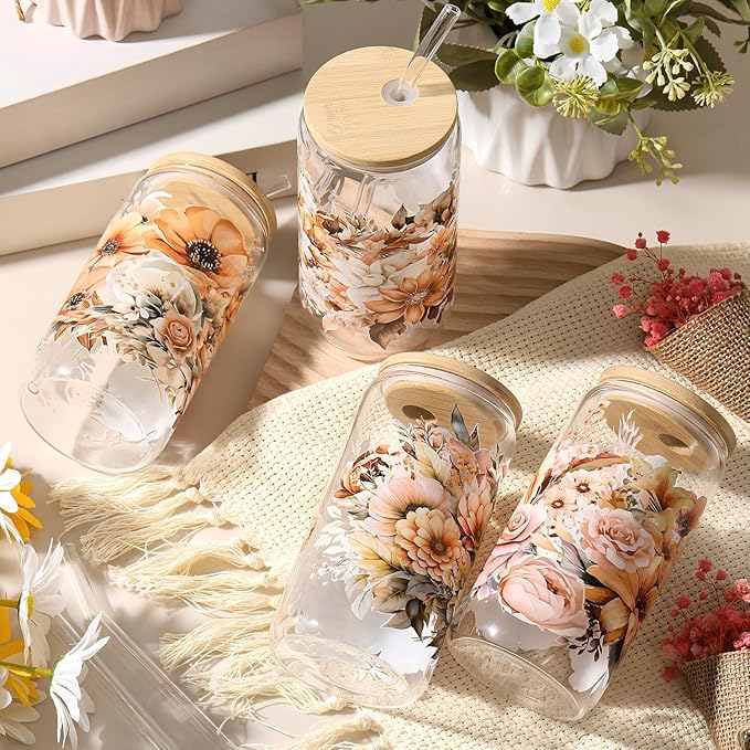 Mumufy Gift for Women Cute Glass Cup Tumbler Flower Iced Coffee Mugs 16 oz Glass with Bamboo Lid & Straw, Mothers Day Birthday Gift for Mom Sister Bridesmaid Baby Shower(4 Pack, Brown Flower)