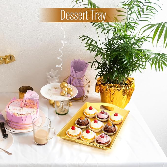10 Pack Gold Plastic Serving Trays with Handles 15x9.8 Large Reusable Portable Rectangular Decorative Party Serving Trays for New Year Holiday Wedding Party Table Catering