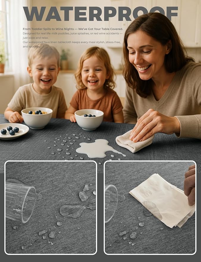 Faux Linen Farmhouse Table Cloth 60"x84" for 4-6 ft Rectangle Table, Dark Grey Waterproof Outdoor Washable Cloth Tablecloth for Rectangular Dining Room Kitchen Outdoor Party Restaurant Decor