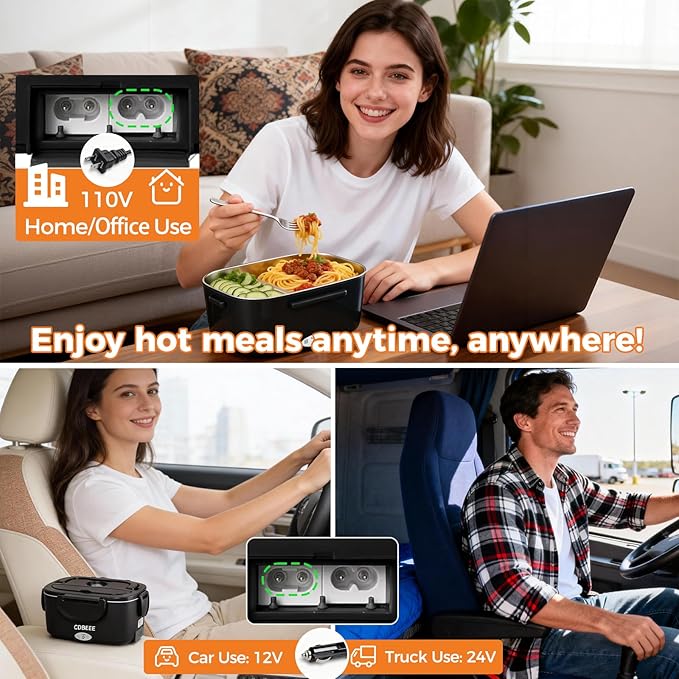 Electric Lunch Box Food Warmer-80W Fast Heating, 2 Leak-Proof SS Containers 1.5L | 12V/24V Car/Truck & 110V Home/Office |Portable Food Warmer for Drivers, Workers, Office & Travel (Black)