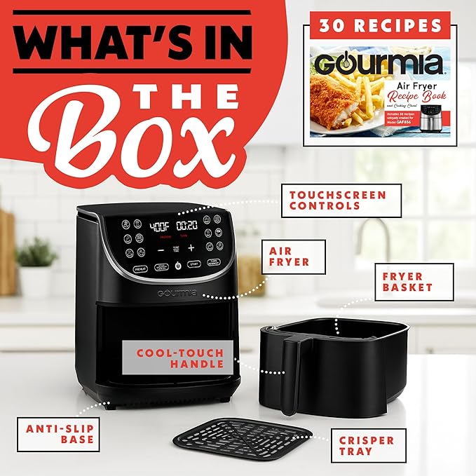 Gourmia Air Fryer - 7 Qt Large Capacity, FryForce 360º, Digital Display with 12 Presets, Roast, Bake, Broil, Dehydrate, Dishwasher Safe Accessories, Black