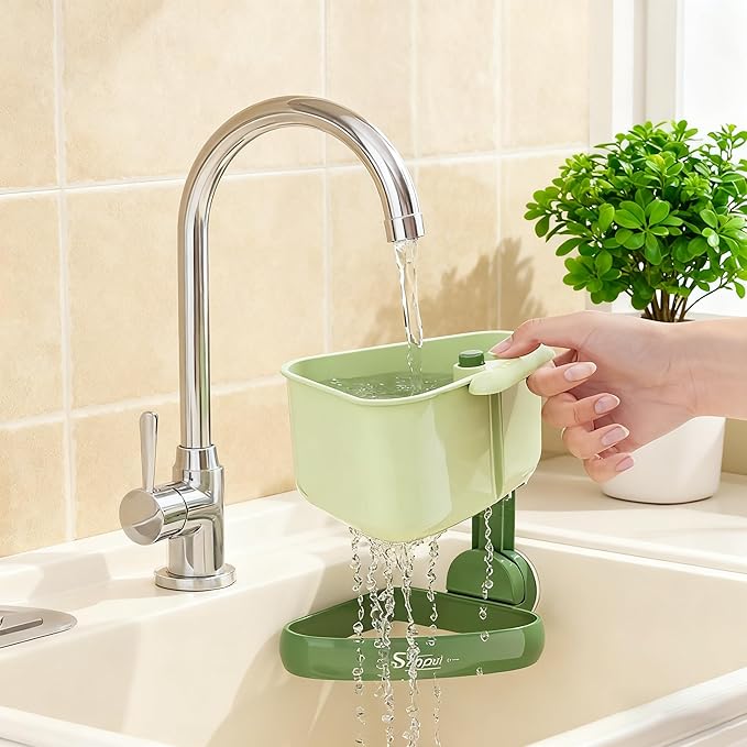 Suction Cup Sink Corner Rack,Sponge Storage Rack,Automatic Dumping Sink Strainer Basket,Suction Cup Basket,Food Drainer,Suitable for Kitchen Sinks, Dining Tables, and Kitchen,Islands,Bathroom (Green)