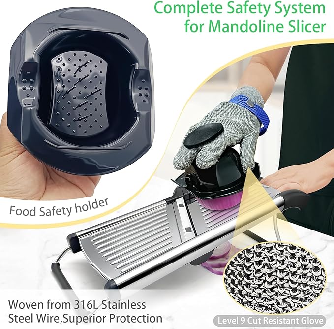 Stainless Steel Mandoline Slicer & Onion Chopper - French Fry Cutter with Safety Pusher | No-Cut Glove & Click-Lock | Adjustable 3-9mm Slices/4.5-9mm Shreds
