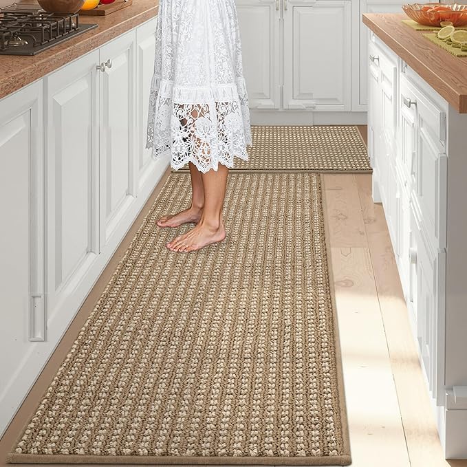Kitchen Rugs,Non Slip Absorbent Kitchen Mats for Floor-Thick Stain Resistant Washable Kitchen Floor Mat Runner Carpet for Hallways,Entryway,Laundry Room,Sink(17"x29"+17"x59",Brown,Roll Package)