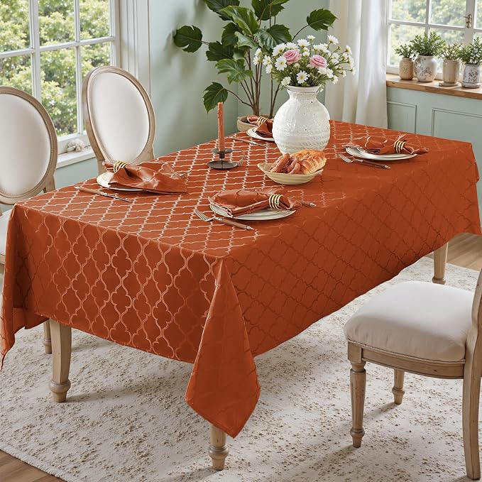 Larponder Tablecloth Rectangle, Jacquard Polyester Table Cloth, Washable & Spill Proof Table Cover for Spring Kitchen Dining Party Picnic (Rectangle, 52" x 70", Brick Red)