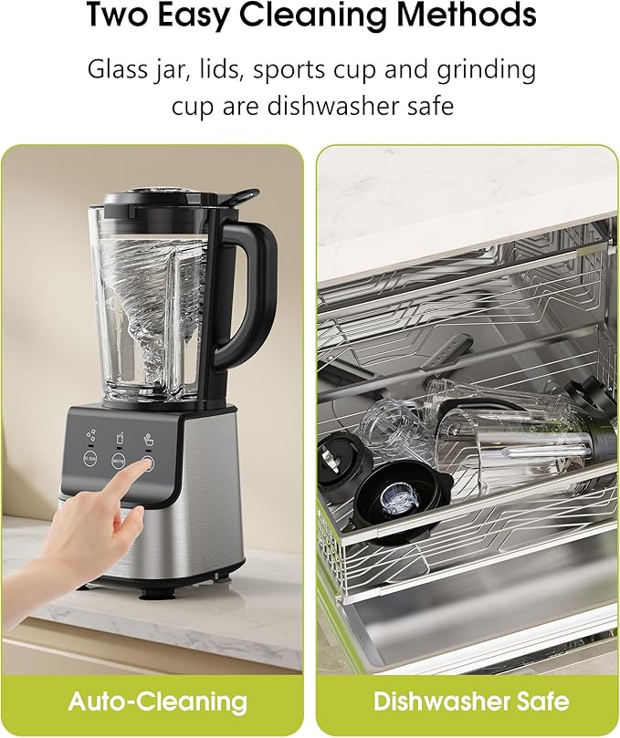 HoninJoy Countertop Blenders for Kitchen, 1400W Professional Blender for Smoothies, 3 Functions with 5 Speeds Smoothie Blender, with 51-oz Glass Jar, Grinder & Portable Cup Combo, Self-Cleaning