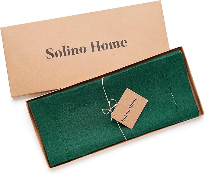 Solino Home Linen Rainforest Green Table Runner 156 Inches Long - 100% Pure Linen Extra Long Table Runner 14 x 156 Inch for St Patricks Day - Classic Hemstitch