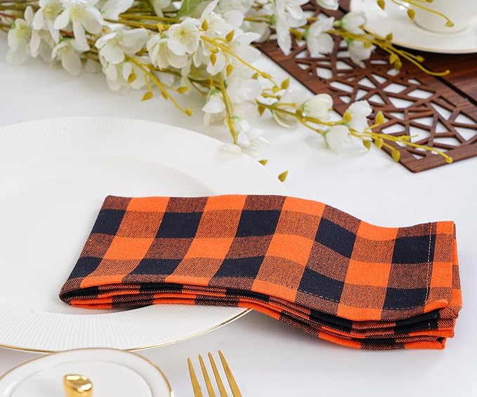 Blue Needles Gingham Buffalo Plaid Cloth Napkins 100% Cotton Set of 12 Dinner Table Napkins 18x18 inch Soft, Reusable, Washable Perfect for Wedding Parties & Everyday Use - Orange and Black
