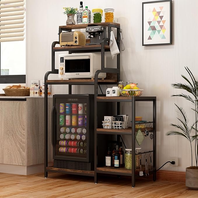 Bakers Rack with 7-Tier Mini Adjustable Shelves and Power Outlet, Heavy-Duty Metal Frame Kitchen Shelf Organizer, Mini Fridge & Microwave Stand for Kitchen, Dorm, Living Room, Walnut Brown