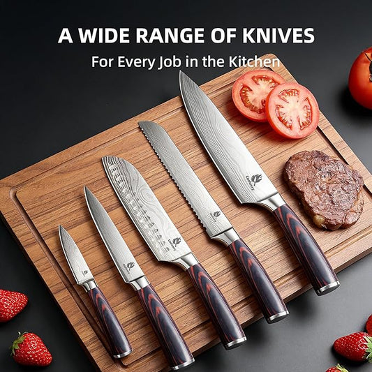 Kitchen Knife Set, Chef Knife, Utility Knife & Paring Knife for Precise Cutting, High Carbon Stainless Steel Professional Chef Knife Set with Wooden Handle, Ultra Sharp Blade (5-Piece)