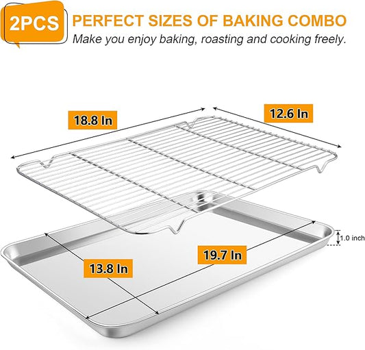 Homikit Baking Sheet Pan with Wire Cooling Rack Set, 20" x 14" Large Nonstick Stainless Steel Cookie Sheets Tray for Oven, Big Metal Bakeware Bacon Pans for Baking Cooking, Dishwasher Safe