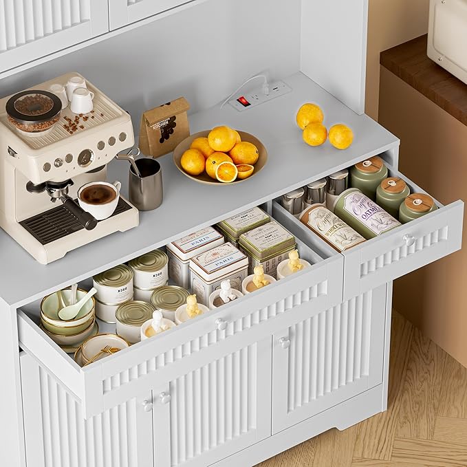 Pantry Cabinet with Charging Station and Light, Tall Kitchen Pantry Storage Cabinet with Microwave Stand, Wide Fluted Kitchen Hutch with Storage Drawers and Adjustable Shelves for Dining Room
