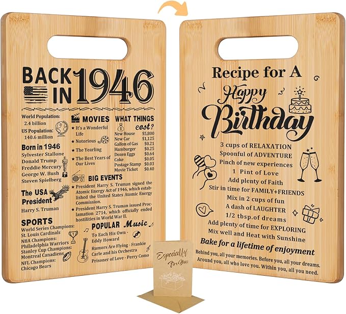 80th Birthday Gifts for Women Men,Back In 1946&Recipe for A Happy Birthday Double sided Cutting Board present for Her Him,80th Bday gift ideas,cool presents for 80 year old woman