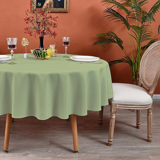 MEANMOY Sage Green 210 GSM Water & Stain Resistant Round Tablecloth for Circle Table - Solid 90 Inch Light Green Table Cloth Cover in Wrinkle Free Durable Washable Fabric for Wedding, Party, Banquet