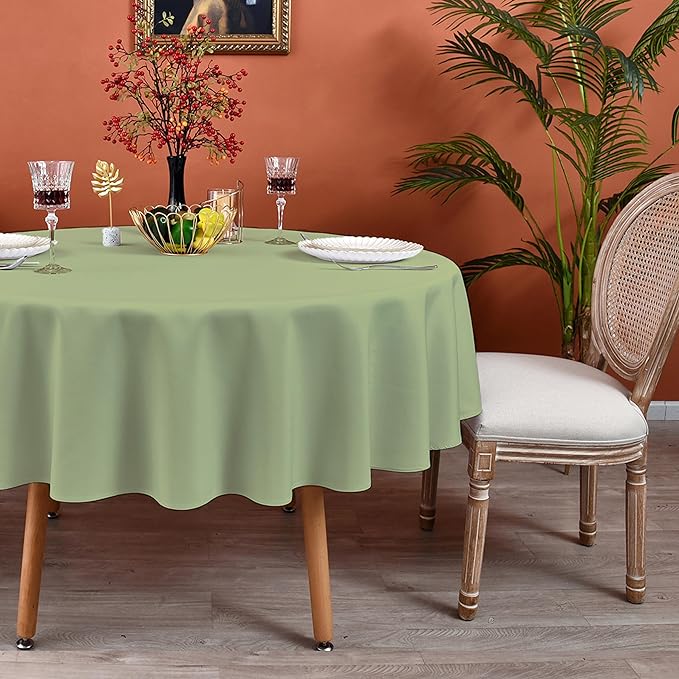 MEANMOY Sage Green 210 GSM Water & Stain Resistant Round Tablecloth for Circle Table - Solid 48 Inch Light Green Table Cloth Cover in Wrinkle Free Durable Washable Fabric for Wedding, Party, Banquet
