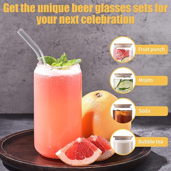 Glass Cups with Lids and Straws Set of 12, 16 oz Glasses Drinking Set, Glass Cups, Iced Coffee Glasses for Beer, Cocktail, Whiskey, Smoothies