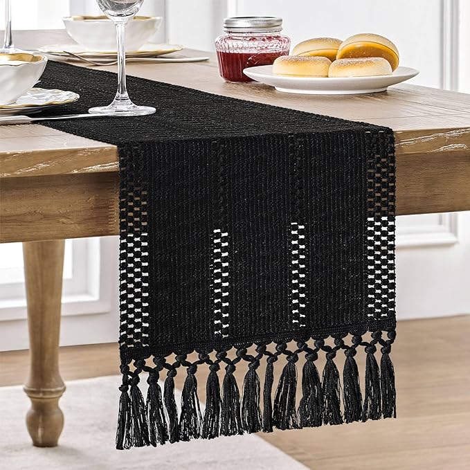 ZeeMart Macrame Style Boho Table Runner, Black Table Runners 48 Inches Long, Farmhouse Woven Home Decor, 12x48 Inch, Black