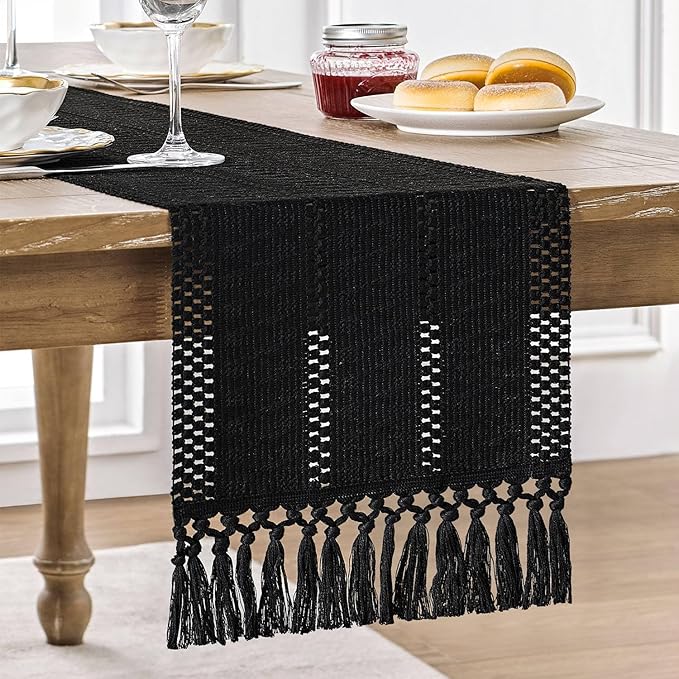 ZeeMart Macrame Style Boho Table Runner, Black Table Runners 36 Inches Long, Farmhouse Woven Home Decor, 12x36 Inch, Black