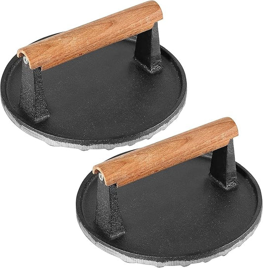 HOIGON 2 PCS 7 Inch Round Heavy Duty Cast Iron Grill Press, Steak Weight Bacon Barbecue Presses with Solid Wood Handle for Burgers, Bread, Pushing Down On Steaks